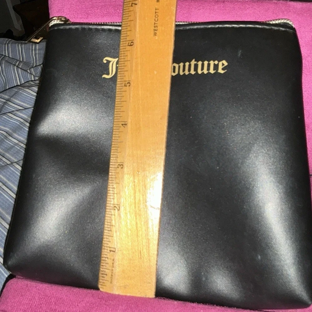 Juicy‎ Couture Black Faux Leather Logo Pouch Cosmetic Bag Gold Hardware Makeup
